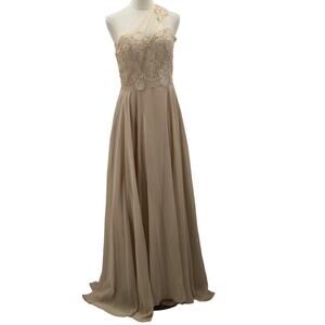 BRIDESMAID SZ 8 M beige one shoulder embroidered draped maxi dress NEW B45